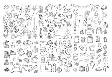 El çizimi çizim seti. bira, kamp, okul yemeği, doğum günü, sonbahar.