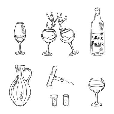 Şarap elementleri. Şişe, peynir, üzüm asması, mantar, tirbuşon, üzüm, zeytin, beyaz arka planda izole edilmiş..