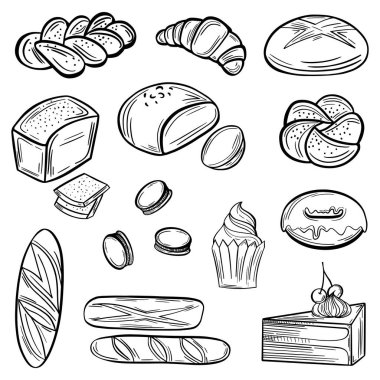 Ekmek, kruvasan, çörek, kek, eskizler, el çizimi pişirme, vektör seti