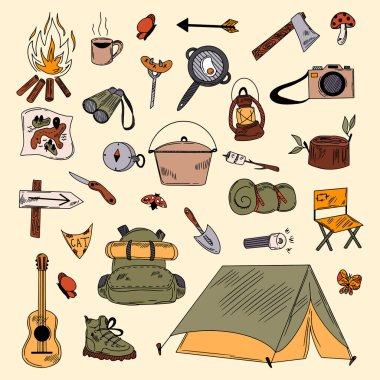 Vektör çizimi. El yapımı amfi, yürüyüş, turizm seti. Kamp ateşi, gitar, kamera, sandalye, sırt çantası, botlar, bıçak, kupa, fener, pusula. Arkaplan, duvar kağıdı