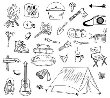kamp çizimlerini, vektör setini, çadırı, kamp ateşini, gitarı, kıyafetleri ayarla