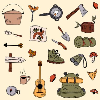 Vektör çizimi. El yapımı amfi, yürüyüş, turizm seti. Kamp ateşi, gitar, kamera, sandalye, sırt çantası, botlar, bıçak, kupa, fener, pusula. Arkaplan, duvar kağıdı
