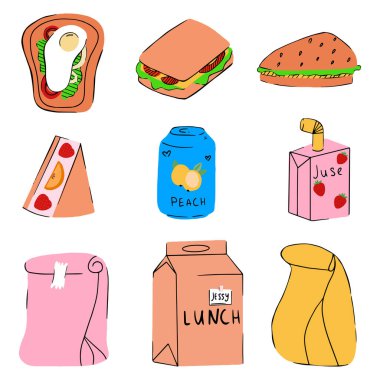 Okul beslenme çantası, kese kağıdı. Sandviç, meyve, süt, meyve suyu, soda. Vektör çizimi. Dengeli beslenme. Sağlıklı yiyecekler. Renksel izole çizimler