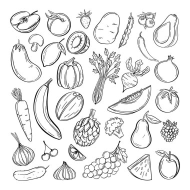 Karalama meyveleri, sebzeler. Havuç brokolili patates ve havuç, salata mantarı, elma, üzüm, limon, kiraz tarımı vektörü, çizgi sanatı.