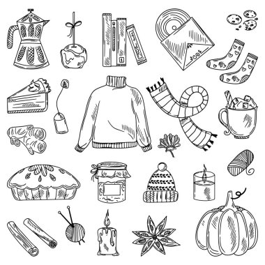 Sonbahar çizgi tasarım elementleri. Sonbahar, Şükran Günü, Balkabağı mevsimi. Vektör illüstrasyonu