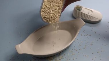 Susam tohumları beyaz bir kaseye dökülür. 