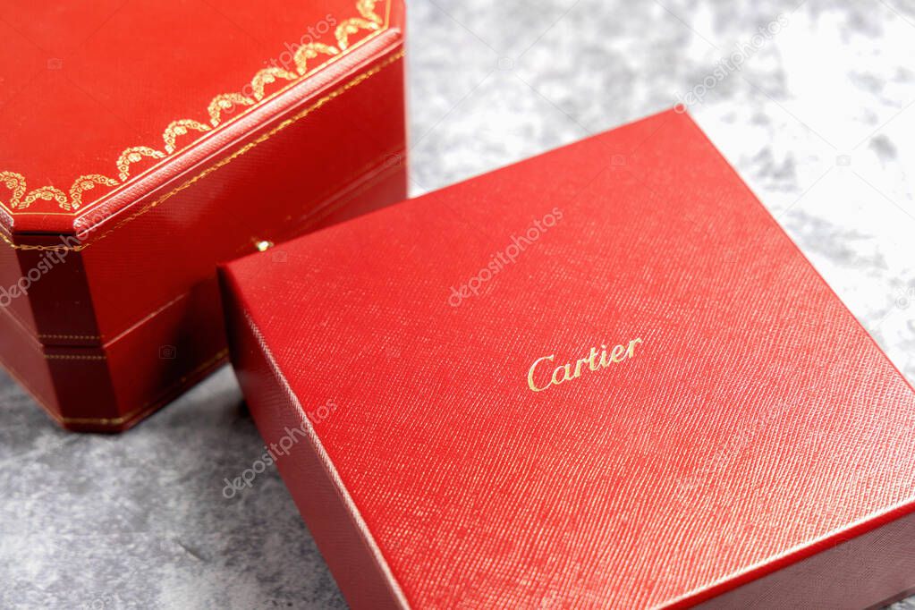 Luxure brand Cartier jewelry box with logo. Copenhagen, Denmark - july 23, 2025