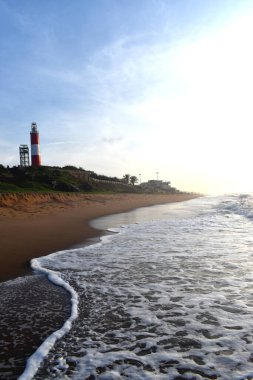 A lighthouse on the seashores of pondicherry. The image depicts a serene coastal scene with a lighthouse standing tall on a grassy hill overlooking a sandy beach.  clipart