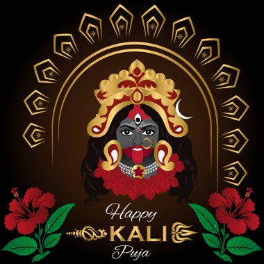 This vibrant illustration depicts Goddess Kali in her divine and powerful form, adorned with a golden crown, jewelry, and a garland of hibiscus flowers.Happy Kali Puja Indian religious background design . clipart