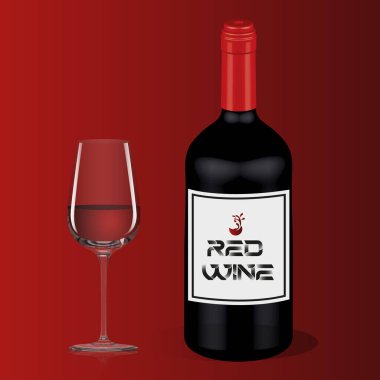 Bir şişe 3 boyutlu şarap ve bir bardak 3 boyutlu şarap, gradyan kırmızı arka planda. Vektör illüstrasyonu Eps 10