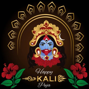 This vibrant illustration depicts Goddess Kali in her divine and powerful form, adorned with a golden crown, jewelry, and a garland of hibiscus flowers.  clipart