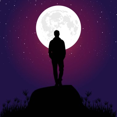 Parlak bir dolunayın altında bir kayanın üzerinde duran bir adamın siluetini içeren çarpıcı bir vektör çizimi. Yıldızlı gece gökyüzü ve derin mor-mavi eğimli arka plan barışçıl ve yansıtıcı bir atmosfer yaratır.. 
