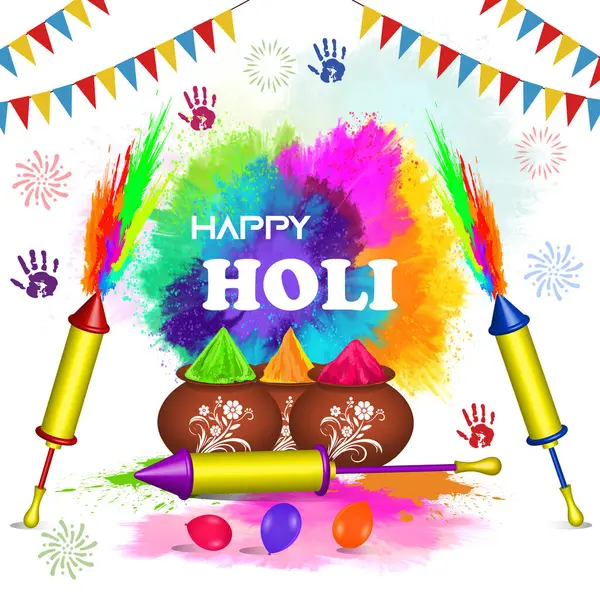 Hint Holi Festivali 'ni kutlayan canlı bir dijital illüstrasyon. Renkli sıçramalar, pikhkariler, su tabancaları, balonlar ve gulal renkli tozlarla dolu geleneksel kaseler..