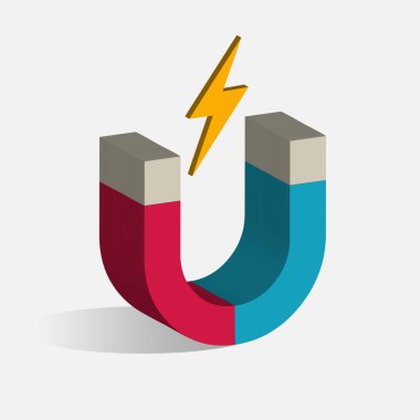 Kırmızı ve mavi kutuplu bir U-şekilli mıknatısın 3 boyutlu vektör çizimi, manyetik kuvveti ve cazibeyi sembolize eder. Mıknatısın üzerindeki parlak sarı yıldırım enerji, güç ve elektriği temsil eder..