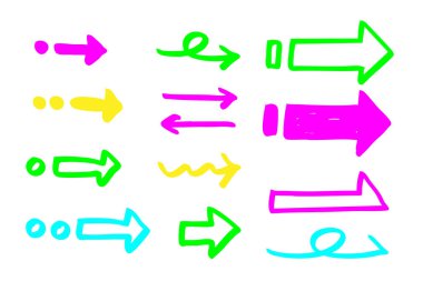 Renkli El Çizimi Oklar Eğlence ve Sketchy Yönlendirme Simgeleri.