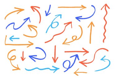 Sarı El Çizimi Ok Sunumlar ve Tasarımlar için Renk Çeşitliliğinde Skeç Yönlendirme Simgeleri,