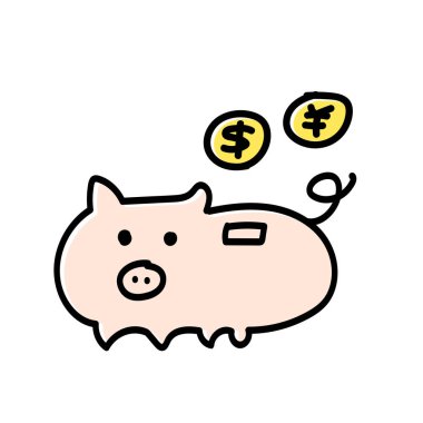 Dolarlar ve Yen Para Tasarruf, Para Takası ve Kişisel Finansman İllüstrasyonlu Şirin Piggy Bank.