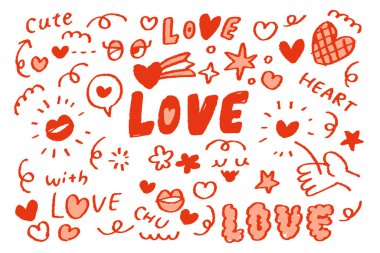 Sevimli el çizimi kırmızı kalp ve öpücük izleri, konuşma baloncukları, pastel boyayla çizilmiş eller ve çiçekler içeren aşk karalamaları Sevgililer Günü ve romantik tasarımlar için mükemmel.