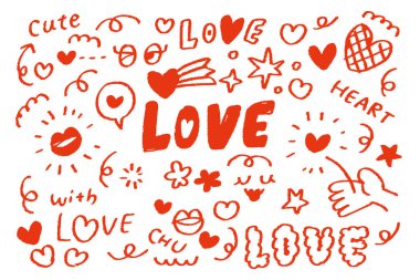 Sevimli el çizimi kırmızı kalp ve öpücük izleri, konuşma baloncukları, pastel boyayla çizilmiş eller ve çiçekler içeren aşk karalamaları Sevgililer Günü ve romantik tasarımlar için mükemmel.