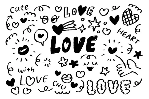 Sevimli el çizimi kırmızı kalp ve öpücük izleri, konuşma baloncukları, pastel boyayla çizilmiş eller ve çiçekler içeren aşk karalamaları Sevgililer Günü ve romantik tasarımlar için mükemmel.