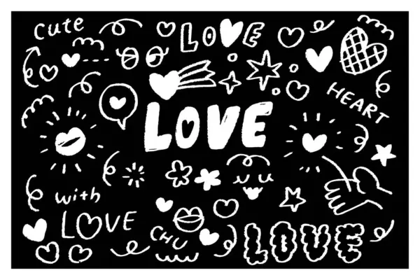 Sevimli el çizimi kırmızı kalp ve öpücük izleri, konuşma baloncukları, pastel boyayla çizilmiş eller ve çiçekler içeren aşk karalamaları Sevgililer Günü ve romantik tasarımlar için mükemmel.