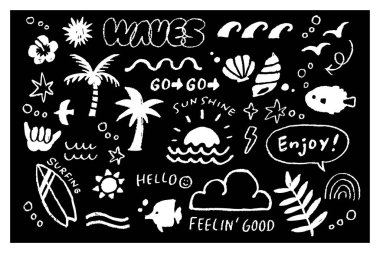 Ters yüz edilmiş tek renkli okyanus illüstrasyonu (124); dalgalar, kabuklar, palmiye ağaçları ve deniz motifleri ile el çizimi yaz tasarımı elementleri