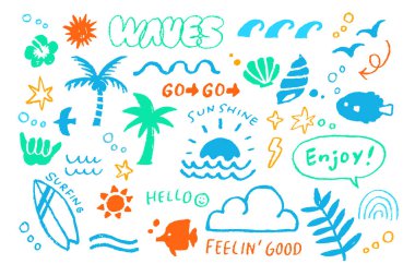 El yapımı yaz karalama paketi. Dalgalı palmiye ağacı güneş ışığı plaj deniz motifleri..