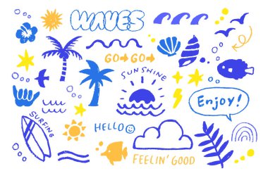 El yapımı yaz karalama paketi. Dalgalı palmiye ağacı güneş ışığı plaj deniz motifleri..