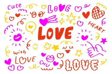 Sevimli el yazması Coloful kalp ve aşk karalamaları Öpücük izleri, konuşma baloncukları, eller ve çiçekler ile hazırlanmış Pastel boya stili bir illüstrasyon Sevgililer Günü ve romantik tasarımlar için mükemmel