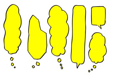 Sarı Dikey El Çizimi Konuşma ve Düşünce Balonu Fikirler ve Diyaloglar için Parlak Uzun Boş Çizgi Balonlar.