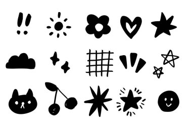 Pastel El Çizimi Doodle Simgesi Güneş, Yıldız, Kalp, Kiraz, Kedi & Bulut dahil 16 Sevimli ve Oyuncu Simgeler.