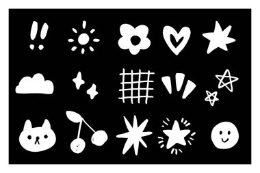 Pastel El Çizimi Doodle Simgesi Güneş, Yıldız, Kalp, Kiraz, Kedi & Bulut dahil 16 Sevimli ve Oyuncu Simgeler.