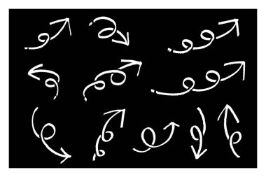 Beyaz el çizilmiş ok simgesi, kıvrımlı ve döngü çizilmiş, koyu arkaplan üzerine dekoratif tasarım unsurları.