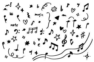 El çizimi renkli notalar ve semboller melodi ve yaratıcı tasarım için eğlenceli karalama simgeleri oluşturur.
