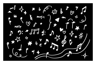 El çizimi renkli notalar ve semboller melodi ve yaratıcı tasarım için eğlenceli karalama simgeleri oluşturur.