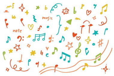 El çizimi renkli notalar ve semboller melodi ve yaratıcı tasarım için eğlenceli karalama simgeleri oluşturur.