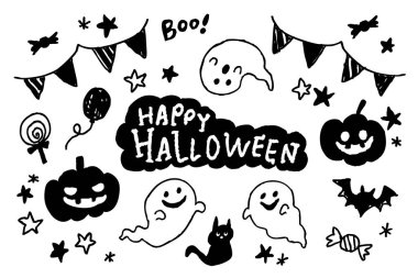 Monochrome Hand Drawn Halloween Illustration Set with Pumpkin, Ghost, Black Cat, Bat, Candy, and Garland