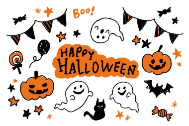 Hand Drawn Halloween Illustration Set with Pumpkin, Ghost, Black Cat, Bat, Candy, and Festive Garland