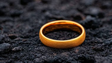 Küllerin üzerinde duran altın bir yüzük savaşın kalıcı ekonomik etkisini ve yıkımını sembolize ediyor..