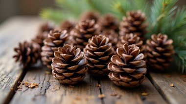 Çam kozalaklarının yakın plan bir ahşap masa üzerine dağılmış doğal ve toprak sonbahar atmosferini çağrıştıran.