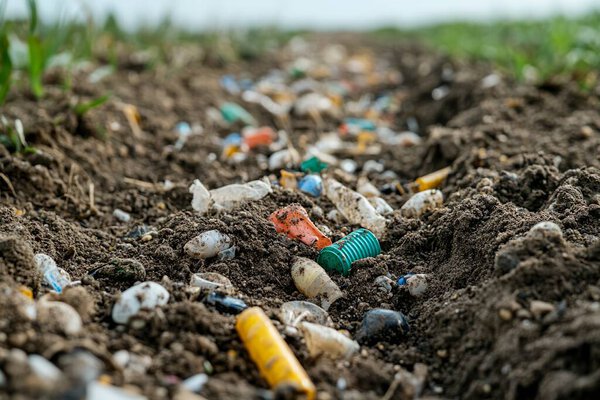 Plastic waste is scattered across agricultural soil, showcasing environmental pollution and contamination. This image is AI-generated.