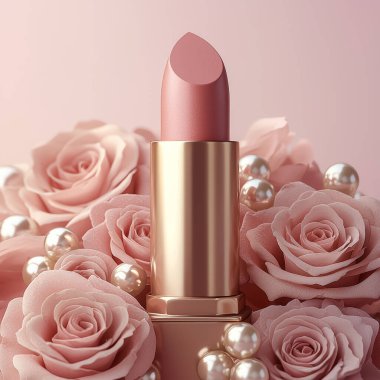 Yumuşak güller ve incilerle çevrili gerçekçi pembe ruj modeli, zarafeti çağrıştırıyor..