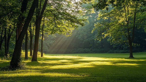 Serena Escena Forestal Con Luz Del Sol Filtrándose Través Los — Foto de Stock