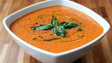 Sağlıklı gıda devrimi: üzerine fesleğen yaprağı ve zeytinyağı serpiştirilmiş kremalı domates çorbası