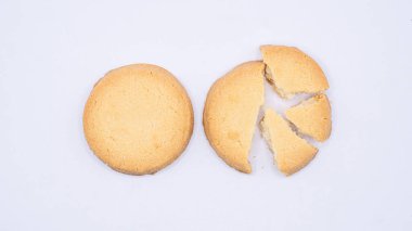 İki altın sarısı kahverengi yuvarlak kurabiye, saf beyaz arka planda yan yana yerleştirilmiştir. Soldaki çerez bir bütün, sağdaki ise birkaç parçaya bölünmüş, parçalanmış dokusunu ortaya çıkarıyor. Bu basit kompozisyon bunu temsil edebilir.