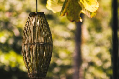 Bir ağaç dalında asılı el yapımı ahşap fener.