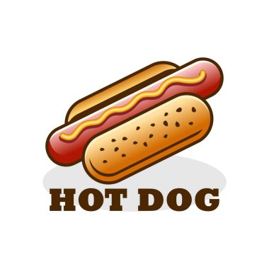 Beyaz arkaplanda gölgesi olan hot dog logo vektör çizimi şablonu
