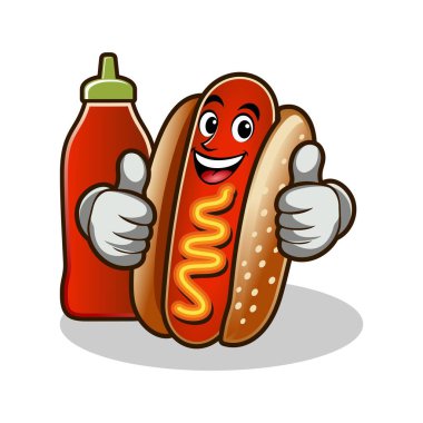 Hotdog maskotu logo vektör illüstrasyon şablonu beyaz arkaplanlı. Ketçap şişesiyle.