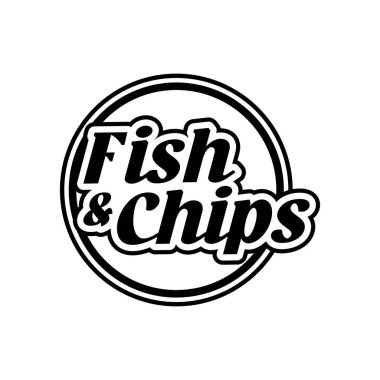 Balık ve cips logo vektör çizim şablonu daire şeklinde. Siyah ve beyaz