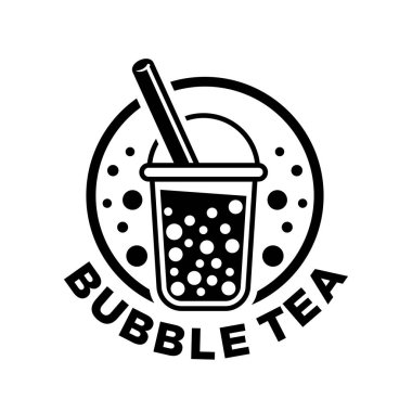 Beyaz arka planı olan köpüklü çay logosu vektörü. Sütlü çay. Siyah ve beyaz. El çizimi